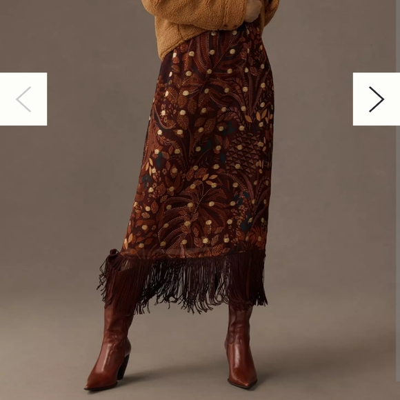 FARM Rio Dresses & Skirts - Fringe Hem Floral Pattern Midi Skirt - Brown
